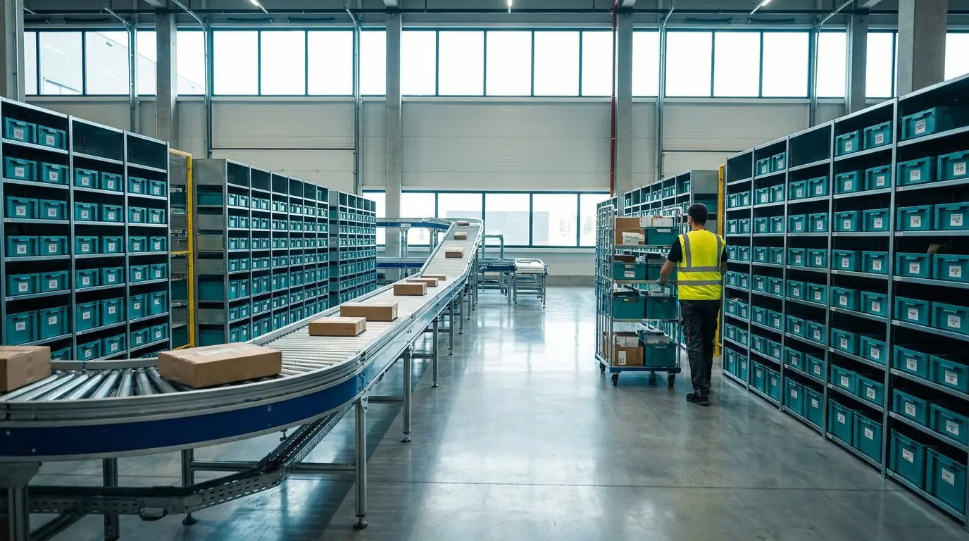 Wide view of the Snap3PL fulfillment center with bin shelving and outbound conveyor