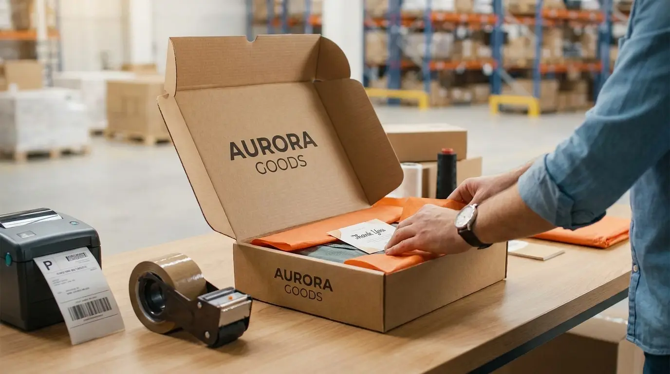 Packing an e-commerce order with branded tissue paper at a Snap3PL packing station