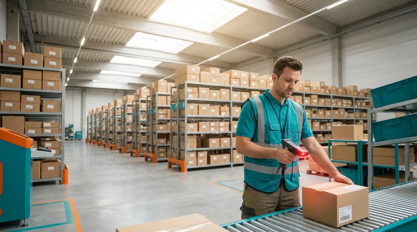 Snap3PL warehouse associate scanning a parcel barcode at the outbound conveyor